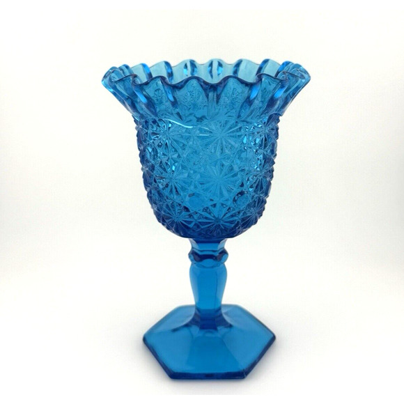 VTG MCM LE Smith Pressed Glass DAISY & BUTTON Blue Ruffled 6 1/2" Compote Vase - Picture 3 of 10